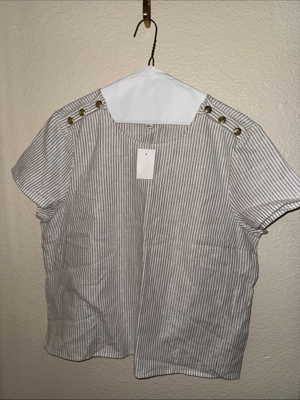 J. Crew Factory White and Gray Striped Short Sleeve Tee with Gold Buttons